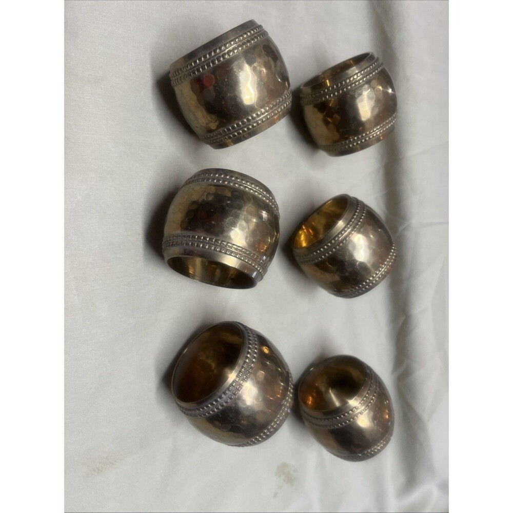 Set of 6 Hammered Brass Napkin Rings w/Double Beaded Border-Gorgeous Tableware